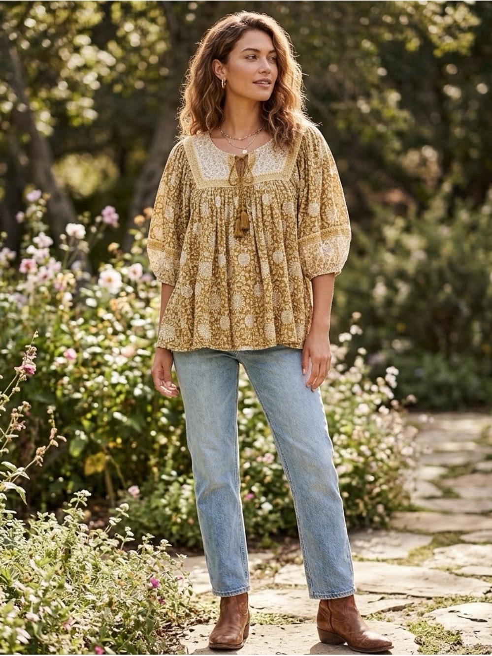 Old Navy Mustard Floral Peasant Tunic with Smocked Yoke